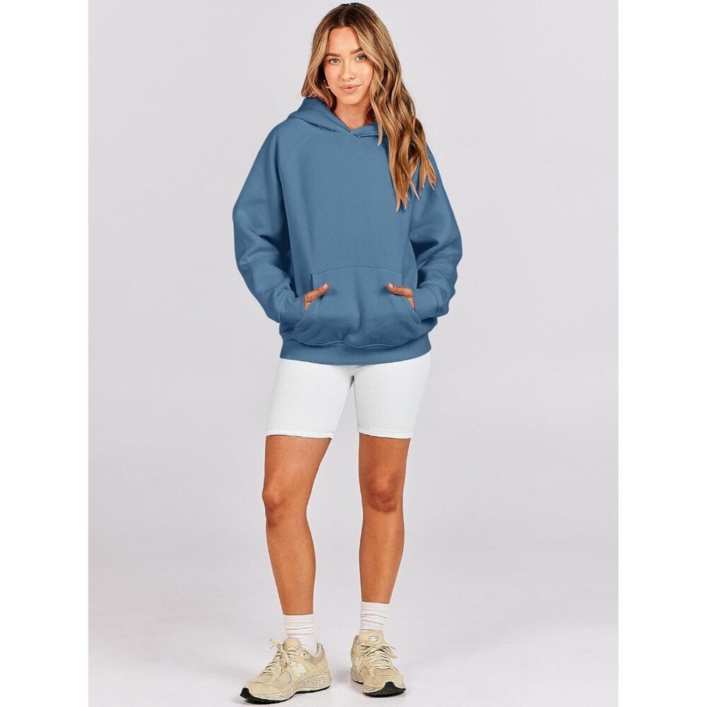 Women Deep Blue Hoodies Oversized Fleece Long Sleeve Comfy Casual Sweatshirts - Picture 8 of 9